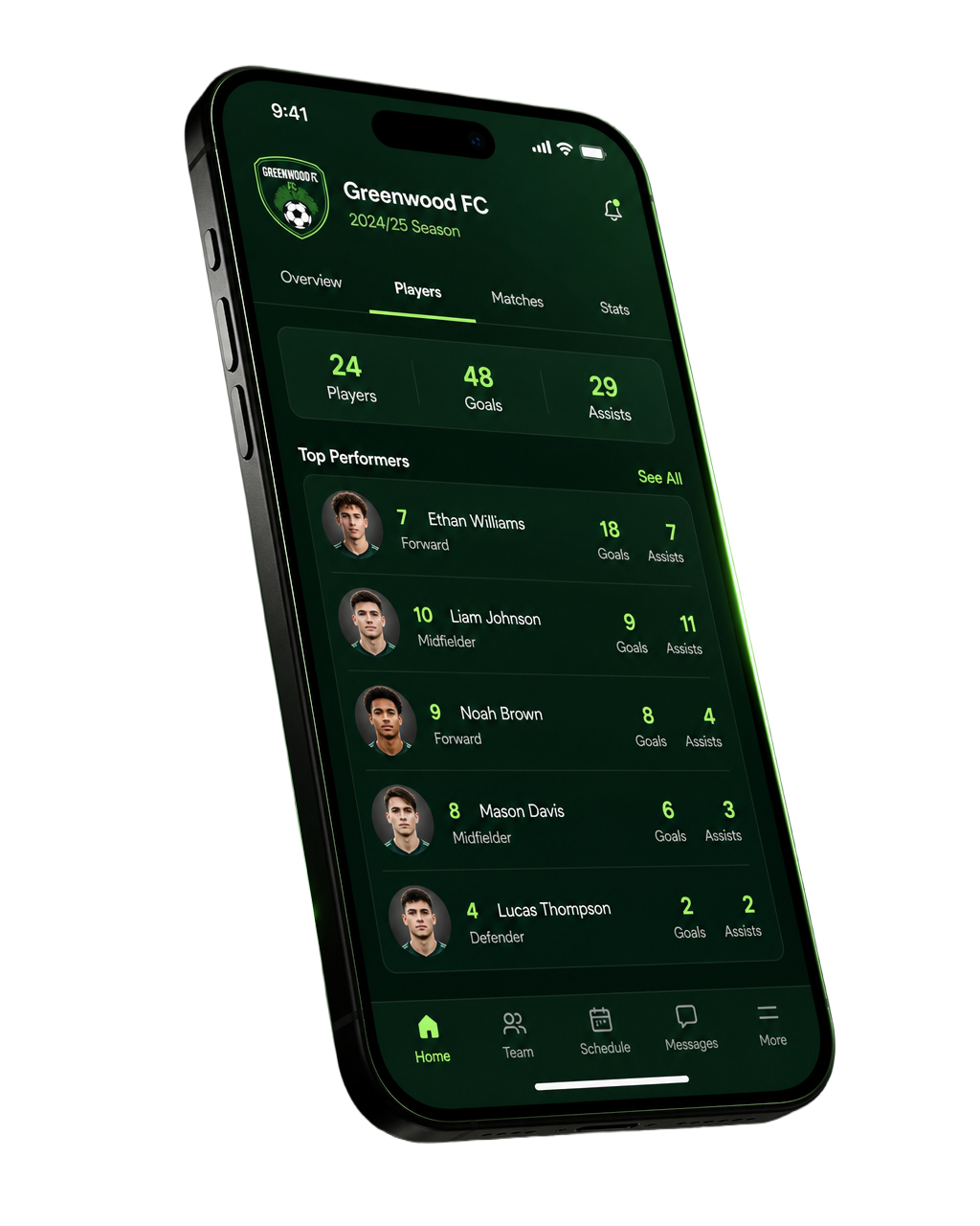 Goal Tally app showing team roster with goals and assists for each player