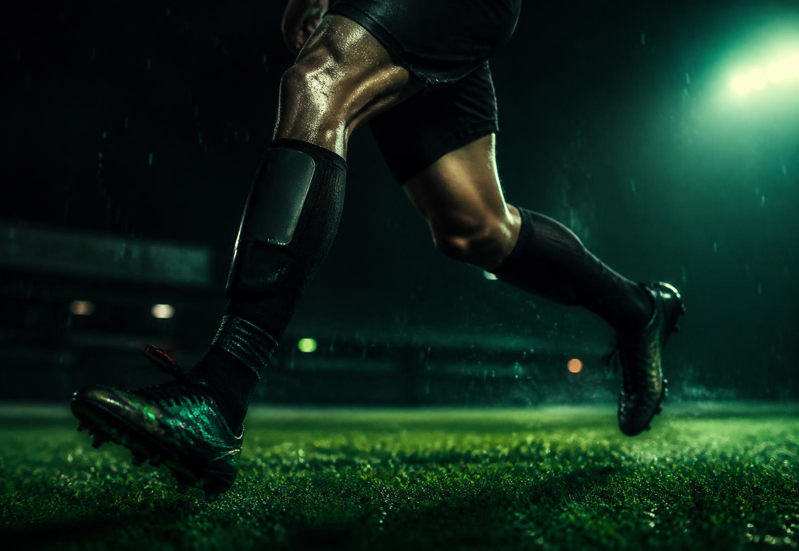 Soccer player sprinting on a floodlit pitch wearing grip socks and mini shin guards